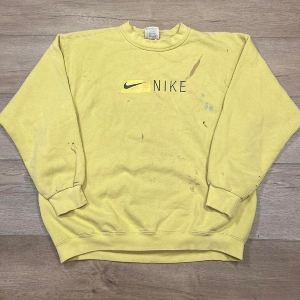 Nike Sweatshirt Mens Large Yellow 90s Vintage Center Swoosh Distressed Paint
